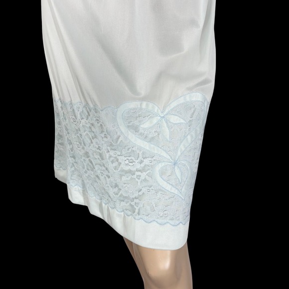 60s Vintage Pale Blue Nylon Slip‎ Skirt Heart Appliqués & Chiffon Lace | Size M - Picture 2 of 7